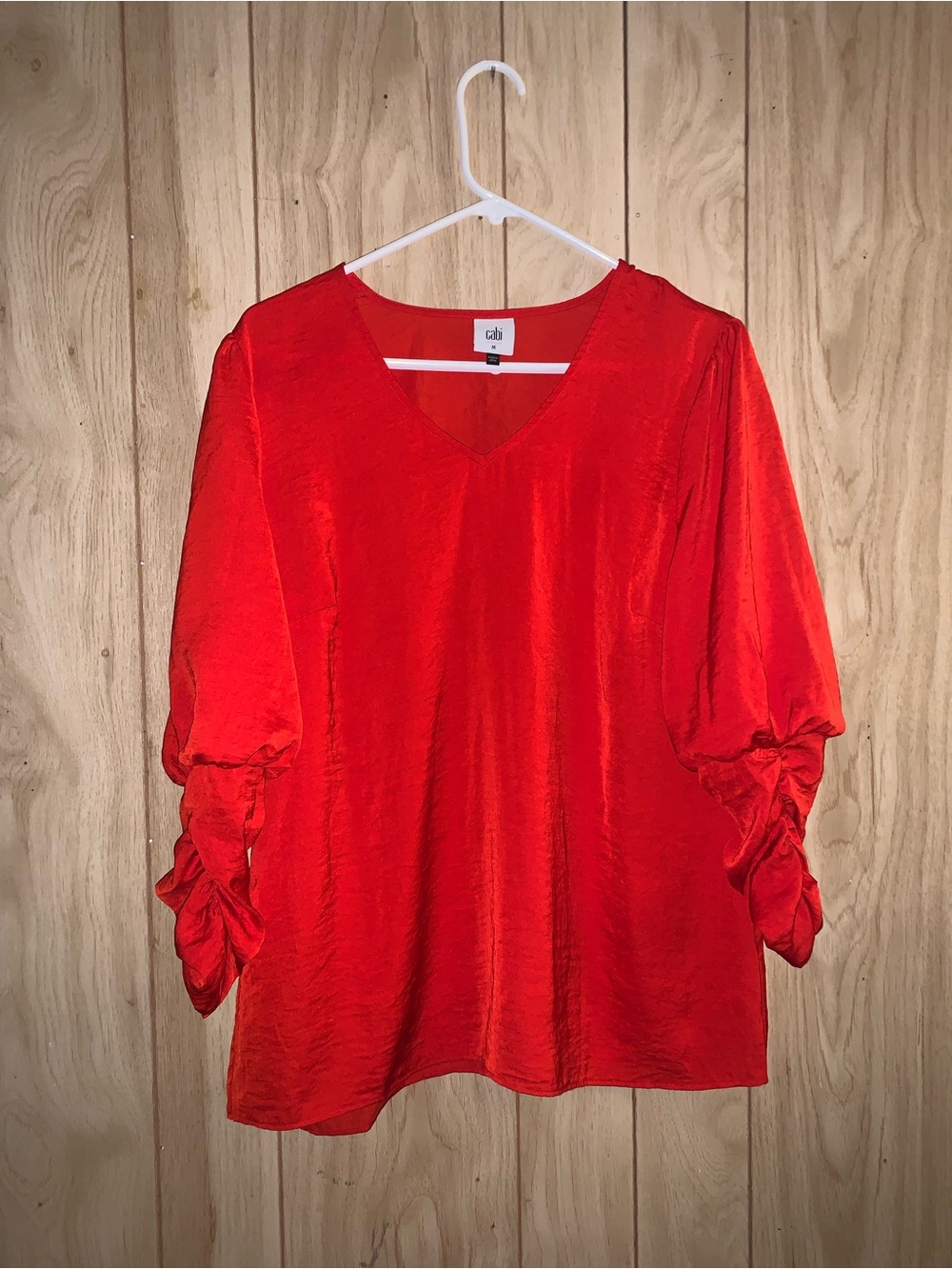 CAbi Red V-Neck Satin Blouse with Ruched Sleeves